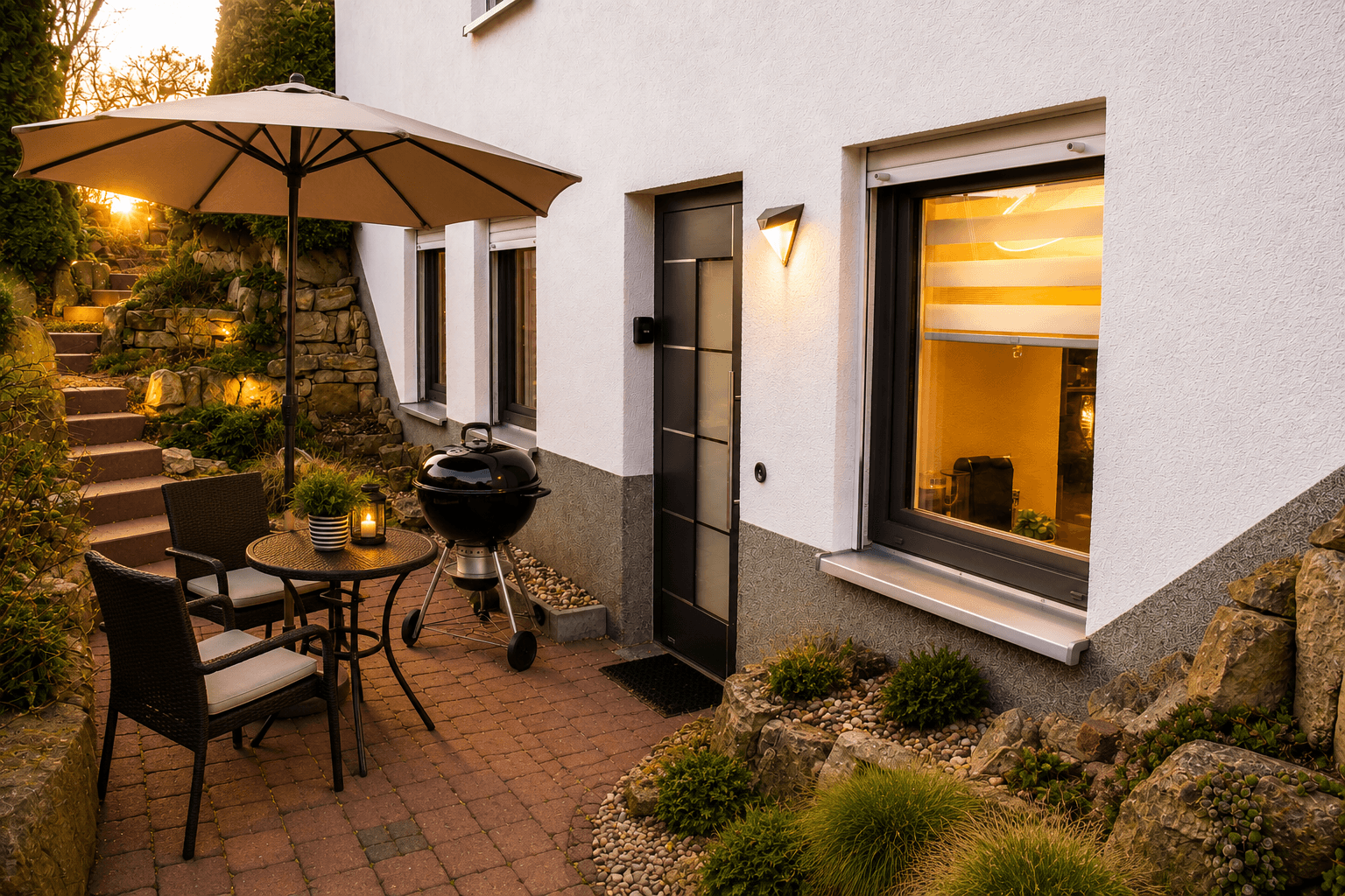 Terrasse mit Grill und Gartenliegen