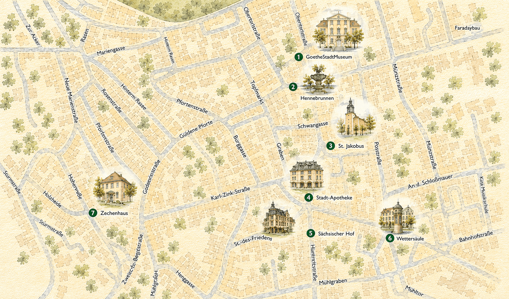 Illustrierte Karte der Ilmenauer Innenstadt mit Sehenswürdigkeiten